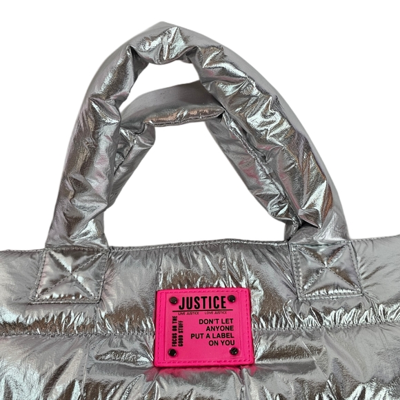 Justice Girls' Metallic Silver Puffy Puffer Tote Bag Purse Travel School Bag New - Picture 2 of 7